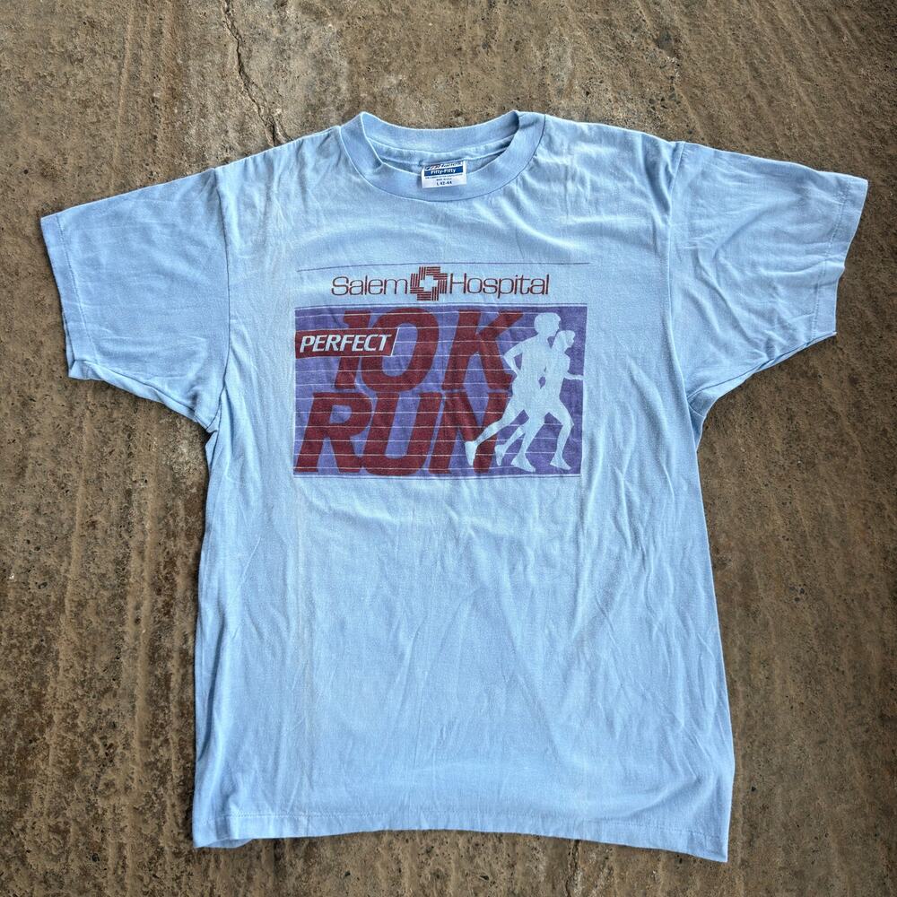 Vtg Salem Hospital Perfect 10K Run Tee Hanes Fifty Light Blue Size L Made In USA